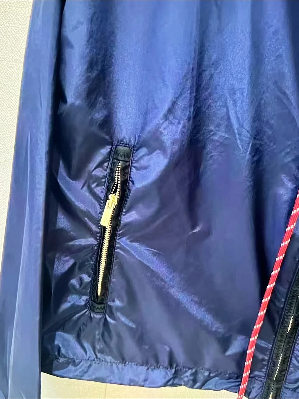 Miu Miu Navy Hooded Bomber Jacket with Contrast Drawcord